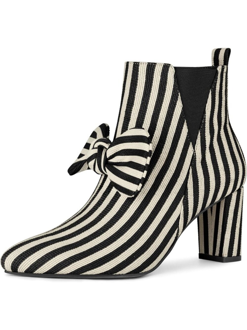 Women's Black Comfortable Pointed Toe Zip Striped Chunky Heels Dess Ankle Boots
